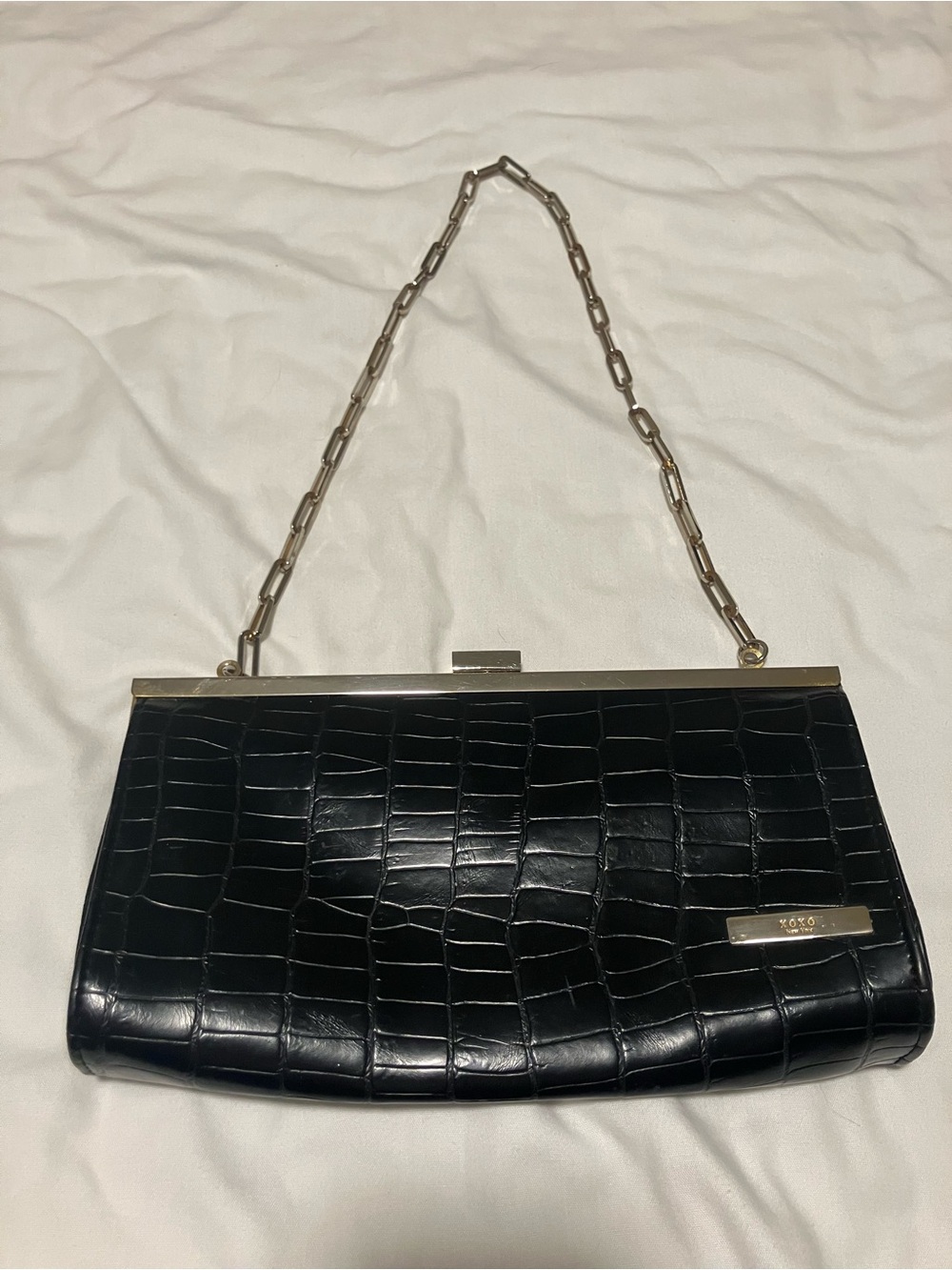 XOXO Black Croc-Embossed Frame Clutch with Chain Handle